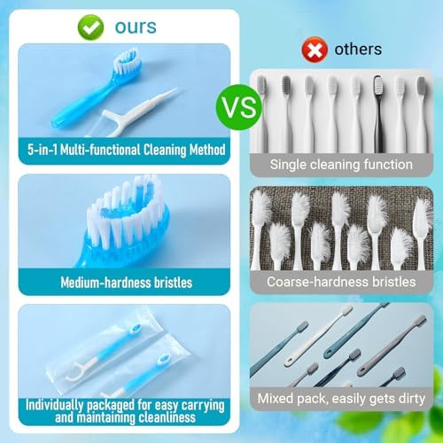 Cepillos de Dientes Desechables AOZUO 50 Piezas, Mini Viaje Envuelto Individualmente, 5 en 1 con Pasta, Hilo, Pua y Raspador de Lengua, Coolmint - imagen 6