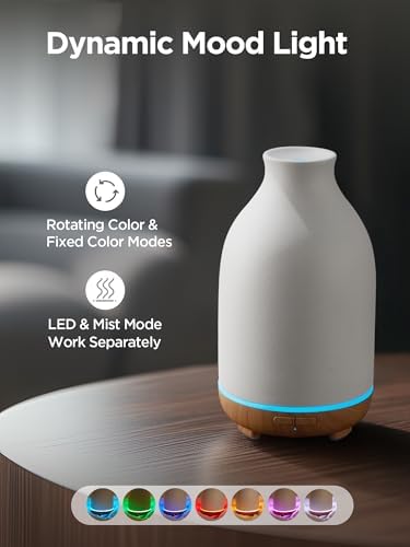 Difusor de Aceites Esenciales InnoGear, 150ml, Cerámica, Aromaterapia, Humidificador Ultrasónico con 2 Modos de Niebla y Apagado Automático, Blanco - imagen 6