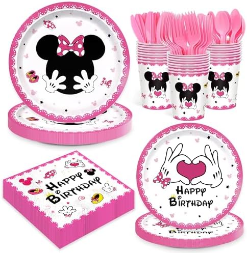 Juego de 168 piezas de suministros de fiesta LuonanSam: platos, servilletas, vasos desechables y tenedores rosas para cumpleaños de niñas, para 24 - imagen 1
