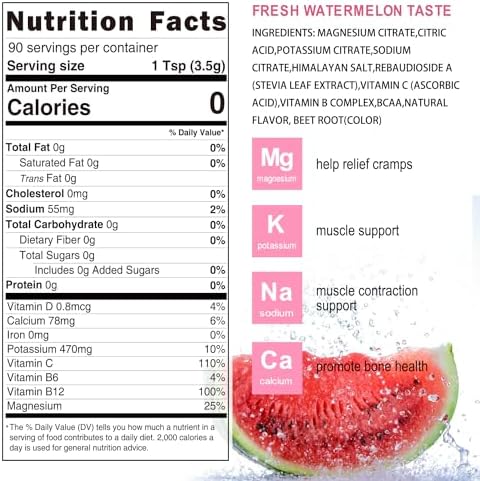 Polvo de Electrolitos Sin Azúcar, Sabor Sandía Fresca, Hidratación con Sal del Himalaya, BCAAs y Vitaminas B, Sin Calorías, Bebida Keto - 90 Porciones - imagen 2