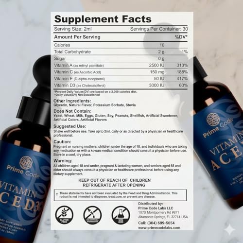Suplemento Líquido de Vitamina A Code para Hombres y Mujeres con Vitaminas C, E y D3, Gotas de Vitamina A C E D3 para Adultos, No GMO, Absorción - imagen 3