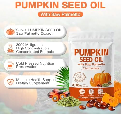 MaxHemp Aceite de Semilla de Calabaza 3000mg + Cápsulas de Saw Palmetto (300 Softgels) - Mezcla Prensada en Frío, Apoya el Crecimiento del Cabello, - imagen 2