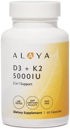Suplemento de Vitamina D3 K2 Alaya Naturals – 5000 IU D3, 50 mcg K1, 15 mcg K2 MK-7 – Cápsulas de Alta Absorción para Huesos e Inmunidad, No GMO, - imagen 1