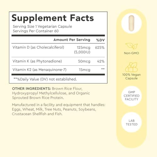 Suplemento de Vitamina D3 K2 Alaya Naturals – 5000 IU D3, 50 mcg K1, 15 mcg K2 MK-7 – Cápsulas de Alta Absorción para Huesos e Inmunidad, No GMO, - imagen 2