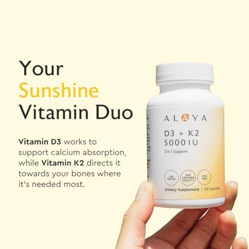 Suplemento de Vitamina D3 K2 Alaya Naturals – 5000 IU D3, 50 mcg K1, 15 mcg K2 MK-7 – Cápsulas de Alta Absorción para Huesos e Inmunidad, No GMO, - imagen 3