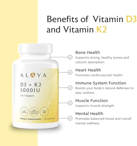 Suplemento de Vitamina D3 K2 Alaya Naturals – 5000 IU D3, 50 mcg K1, 15 mcg K2 MK-7 – Cápsulas de Alta Absorción para Huesos e Inmunidad, No GMO, - imagen 4