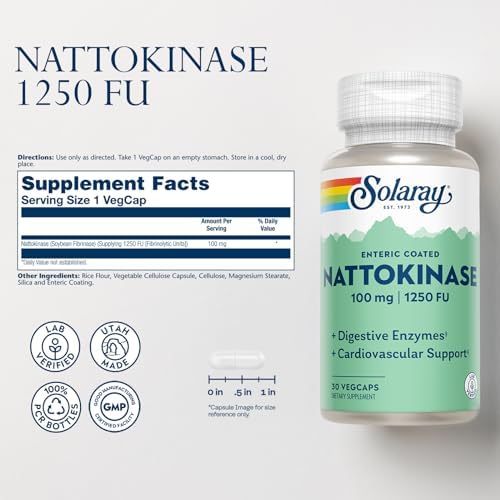Suplemento de Nattokinase SOLARAY 1250 FU para Hombres y Mujeres - Enzimas Digestivas Natto, Salud Cardiaca y Circulación, Cápsulas de Nattokinase - imagen 2