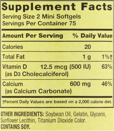 Calcio Plus Vitamina D3 150 Mini Softgels | Suplemento de Calcio 600 mg con Vitamina D3 | Carbonato de Calcio 150 Mini Softgels - imagen 2