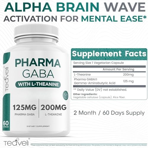 Suplemento Teaveli Pharma GABA con L-Teanina - 100mg de PharmaGABA y 200mg de L-Teanina - Etiqueta Limpia - Apoya la Calma y el Enfoque - Sin - imagen 2