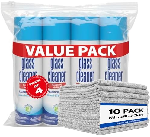 Limpiador de Vidrios en Spray - Limpiador Espumoso - 19 Fl Oz (Paquete de 4) - Incluye 10 Paños de Microfibra Premium para Limpieza - imagen 1