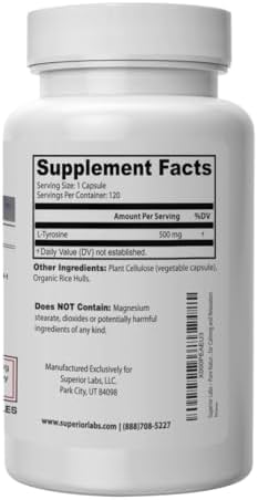 L-Tirosina 500 mg de Superior Labs, Aminoácido Nootrópico No Transgénico, Alta Absorción, Apoyo al Estado de Ánimo y Concentración, 120 Cápsulas - imagen 3