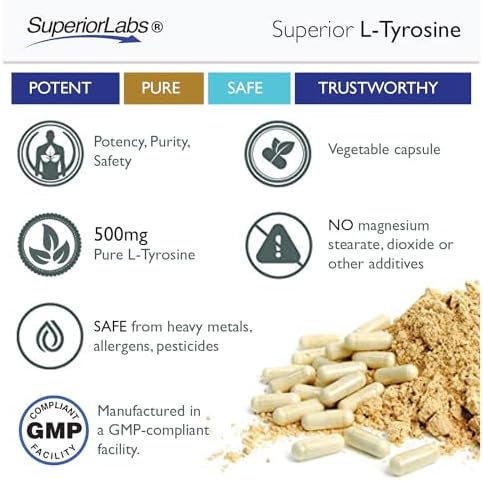 L-Tirosina 500 mg de Superior Labs, Aminoácido Nootrópico No Transgénico, Alta Absorción, Apoyo al Estado de Ánimo y Concentración, 120 Cápsulas - imagen 5