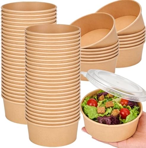 HningBuyox 50 Piezas de Bowls de Papel Kraft con Tapa Transparente, Bowls de Ensalada de 25 Oz, Contenedores para Comida para Llevar, A Prueba de - imagen 1