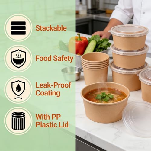 HningBuyox 50 Piezas de Bowls de Papel Kraft con Tapa Transparente, Bowls de Ensalada de 25 Oz, Contenedores para Comida para Llevar, A Prueba de - imagen 6