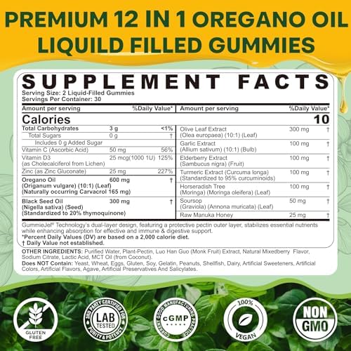 Gomitas de Aceite de Orégano con Aceite de Semilla Negra, Saúco y Ajo, Suplemento 12 en 1 con Vitamina C, D3 y Zinc para Inmunidad y Respiración, 60 - imagen 2