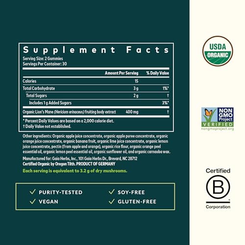 Gomitas de Hongo Melena de León de Gaia Herbs - Suplemento para el Cerebro - Orgánicas, Sin Gluten, Soja ni Lácteos - 60 Gomitas Veganas (30 - imagen 3