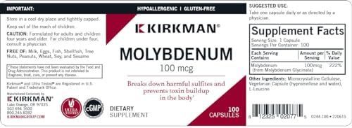 Kirkman - Molibdeno 100 mcg - 100 Cápsulas - Minerales Esenciales - Descompone Sulfitos y Tóxicos - Hipoalergénico - imagen 3