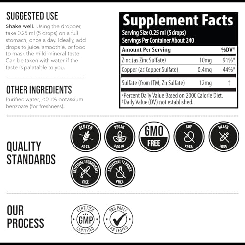 Concentrado Líquido de Zinc Iónico Plus Cobre 240 Porciones, Botella de Vidrio, Vegano - Proporción Balanceada de Zinc y Cobre - Apoya Inmunidad, - imagen 2