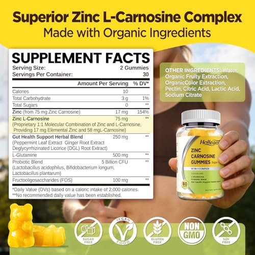 Suplemento de Zinc Carnosina Sin Azúcar, Zinc Carnosina Orgánico 75mg con L-glutamina, Probiótico y Mezcla Herbal, Apoyo Integral para la Salud - imagen 2
