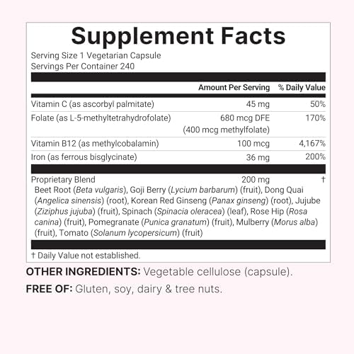Suplemento de Hierro Avanzado Micro Ingredients Blood+, 240 Cápsulas Veganas | Hierro Bisglicinato 14 en 1 con Folato y Vitaminas B, C | Complejo de - imagen 6
