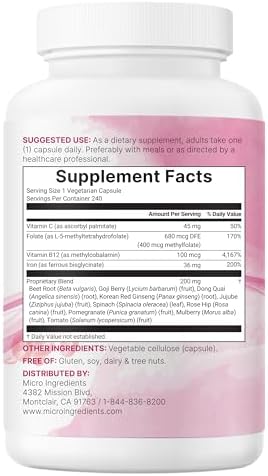Suplemento de Hierro Avanzado Micro Ingredients Blood+, 240 Cápsulas Veganas | Hierro Bisglicinato 14 en 1 con Folato y Vitaminas B, C | Complejo de - imagen 8