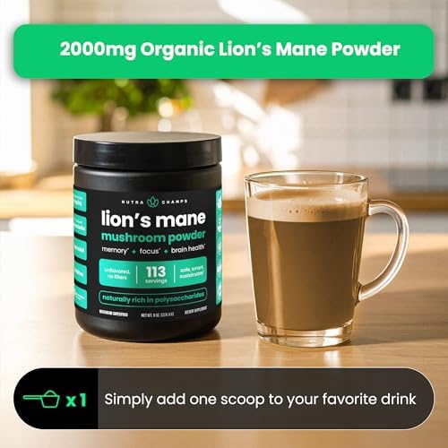 NutraChamps Polvo Orgánico de Melena de León - 2000mg Nootrópico Potente para Memoria, Enfoque y Soporte Inmunológico - Suplemento Vegano de Hongo - imagen 4
