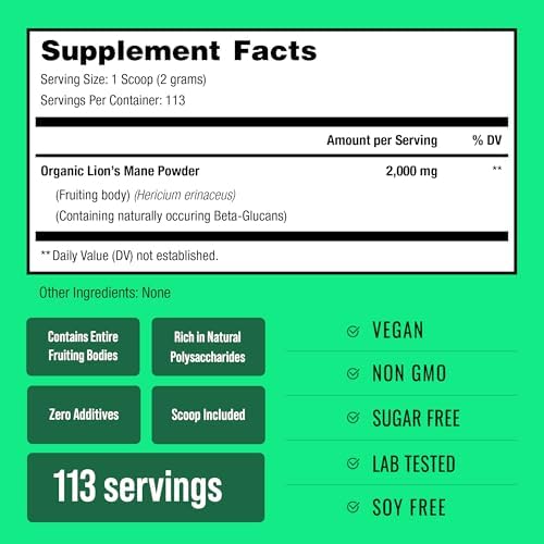 NutraChamps Polvo Orgánico de Melena de León - 2000mg Nootrópico Potente para Memoria, Enfoque y Soporte Inmunológico - Suplemento Vegano de Hongo - imagen 6