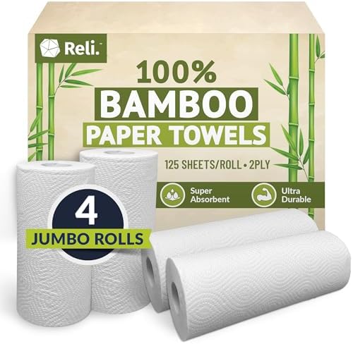 Toallas de Papel de Bambú Reli. (Paquete de 4, Jumbo) | Rollos de 2 Capas | 125 Hojas/Rollo, Hojas de Tamaño Completo | Sin Blanquear, Orgánicas para - imagen 1