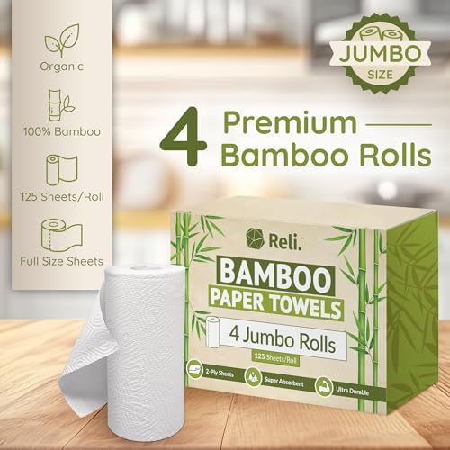 Toallas de Papel de Bambú Reli. (Paquete de 4, Jumbo) | Rollos de 2 Capas | 125 Hojas/Rollo, Hojas de Tamaño Completo | Sin Blanquear, Orgánicas para - imagen 2