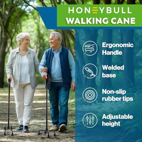 Cane Cuádruple Ajustable HONEYBULL para Hombres y Mujeres - Bastón Ligero con Base de 4 Puntas para Mayor Estabilidad y Equilibrio (Negro) - imagen 2