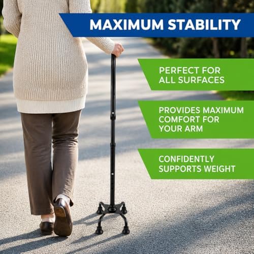 Cane Cuádruple Ajustable HONEYBULL para Hombres y Mujeres - Bastón Ligero con Base de 4 Puntas para Mayor Estabilidad y Equilibrio (Negro) - imagen 6