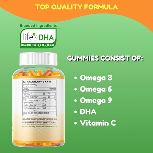 Omega 3 Halal y a Base de Plantas para Niños con DHA - 30 Porciones, 60 Gomas Sin Gelatina ni Gluten. No Transgénico, Apoya el Desarrollo Cerebral y - imagen 7