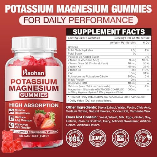 Gomitas de Potasio y Magnesio con Electrolitos y Vitaminas - Magnesio Glicinato, Citrato de Potasio, Calcio, Vitaminas B6, D3 y K2 para Función - imagen 2