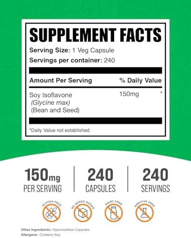 Cápsulas de Isoflavonas de Soja BulkSupplements.com - Suplemento Vegano y Sin Gluten, 1 Cápsula por Porción (150mg), 240 Contenido (Paquete de 1) - imagen 2
