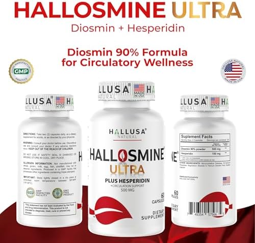 Hallusa Suplemento Natural Hallosmine Ultra 500mg Diosmina & 150mg Hesperidina – Piernas Pesadas, Hinchazón y Circulación Sanguínea, 60 Cápsulas - imagen 3