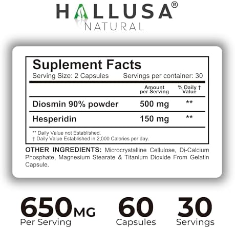 Hallusa Suplemento Natural Hallosmine Ultra 500mg Diosmina & 150mg Hesperidina – Piernas Pesadas, Hinchazón y Circulación Sanguínea, 60 Cápsulas - imagen 6