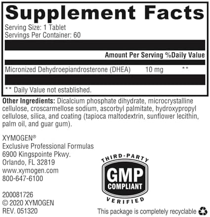 XYMOGEN DHEA Micronizado - 10 mg de Dehidroepiandrosterona - Soporte Androgénico y Estrogénico - Libre de Gluten, Soja y Lácteos - 60 Tabletas - imagen 2