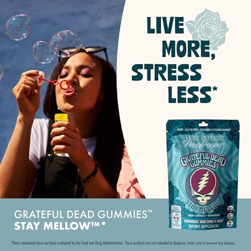 Gomitas Host Defense Stay Mellow Grateful Dead - Con Reishi, Ashwagandha, Manzanilla y Melena de León - 30 Porciones para Reducir Estrés y Relajación - imagen 4
