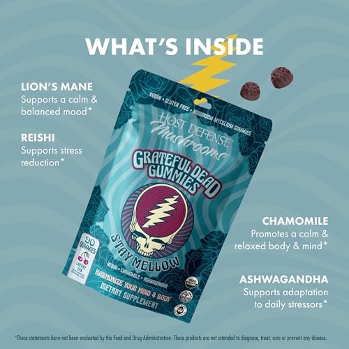 Gomitas Host Defense Stay Mellow Grateful Dead - Con Reishi, Ashwagandha, Manzanilla y Melena de León - 30 Porciones para Reducir Estrés y Relajación - imagen 6