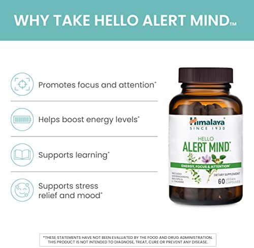 Himalaya Hello Alert Mind con L-Theanina, Ashwagandha, Bacopa, Vitaminas B6 y B12, Energía, Enfoque y Atención, Vegano, Sin Gluten, 60 Cápsulas - imagen 4