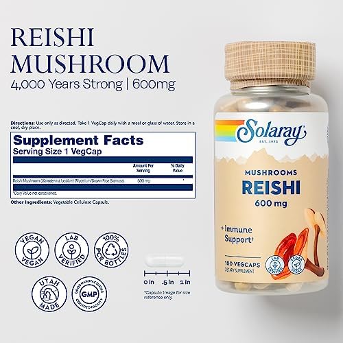 Cápsulas de Hongo Reishi SOLARAY 600mg - Soporte Inmunológico - Veganas, Verificadas en Laboratorio - 60 Días de Garantía - 100 Porciones, 100 VegCaps - imagen 2