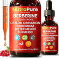 NutraPure Gotas de Berberina Completa, Berberina Pura con Canela de Ceilán, Cromo, Glucomanano, Vinagre de Manzana, Gymnema + Cúrcuma, Sin Azúcar, - imagen 1