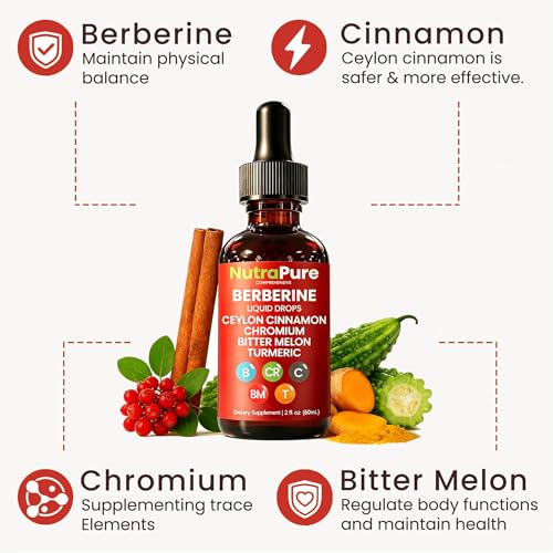NutraPure Gotas de Berberina Completa, Berberina Pura con Canela de Ceilán, Cromo, Glucomanano, Vinagre de Manzana, Gymnema + Cúrcuma, Sin Azúcar, - imagen 3
