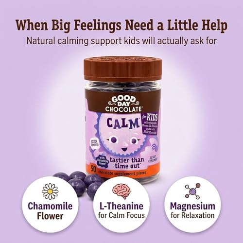 Good Day Chocolate Suplemento Natural Calmante para Niños, Mezcla de Manzanilla, L-Teanina, Chocolate de Comercio Justo y No OGM, 50 Piezas - imagen 4
