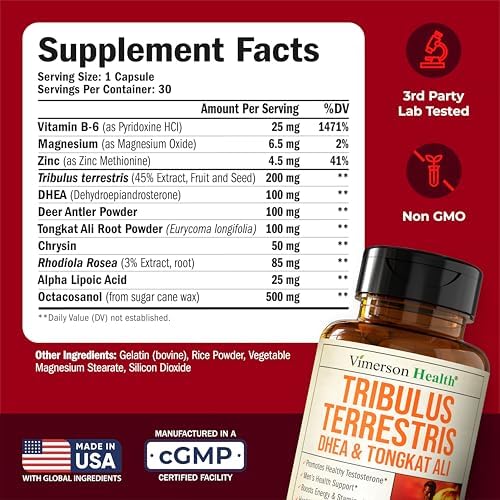 Suplemento de Testosterona y Tribulus Terrestris para Hombres con DHEA 100mg, Magnesio, Zinc, Tongkat Ali y Rhodiola Rosea – Aumenta Masa Muscular, - imagen 3