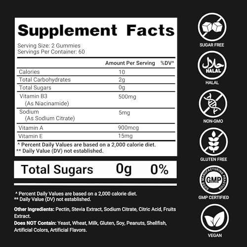 Gomitas de Vitamina B3 Premium Select Nutrition Niacinamida 500mg – Suplemento Sin Enrojecimiento con Vitaminas A y E – 120 Gomitas Veganas para - imagen 3