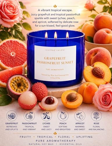 Vela Aromática de Soya 3 Mechas Grapefruit Passionfruit Sunset | 15.8 oz | Fragancia Tropical de Cítricos | Larga Duración y Listo para Regalar - imagen 2
