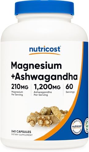Suplemento de Magnesio + Ashwagandha Nutricost (1410mg) 240 Cápsulas - 210mg de Magnesio, 1,200mg de Ashwagandha, Vegano, 60 Porciones - imagen 1