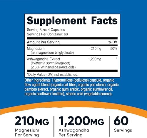 Suplemento de Magnesio + Ashwagandha Nutricost (1410mg) 240 Cápsulas - 210mg de Magnesio, 1,200mg de Ashwagandha, Vegano, 60 Porciones - imagen 2