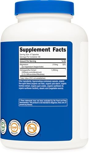 Suplemento de Magnesio + Ashwagandha Nutricost (1410mg) 240 Cápsulas - 210mg de Magnesio, 1,200mg de Ashwagandha, Vegano, 60 Porciones - imagen 5